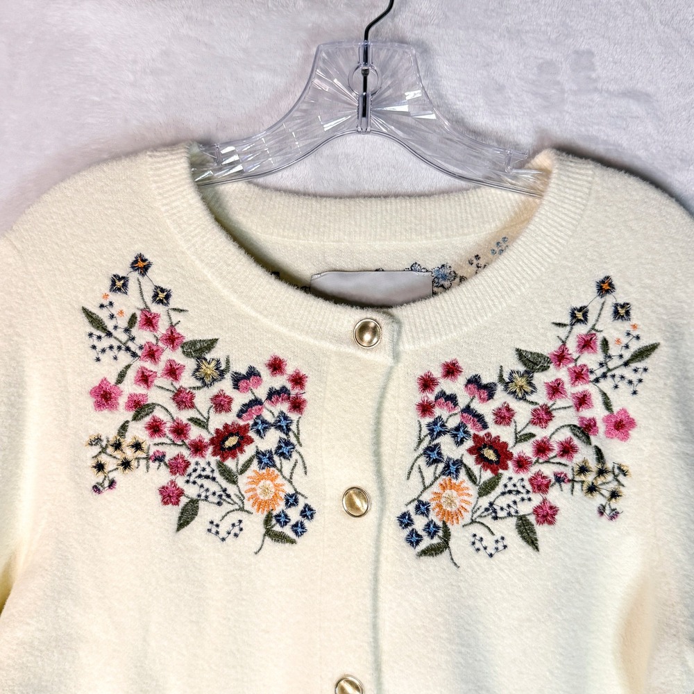 NWT Anthropologie NVLT Button Front Embroidered Knit Lady Jacket Ivory M - Picture 4 of 13
